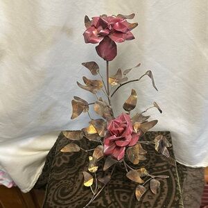 Elegant Metal Rose Sculpture - Red and Bronze